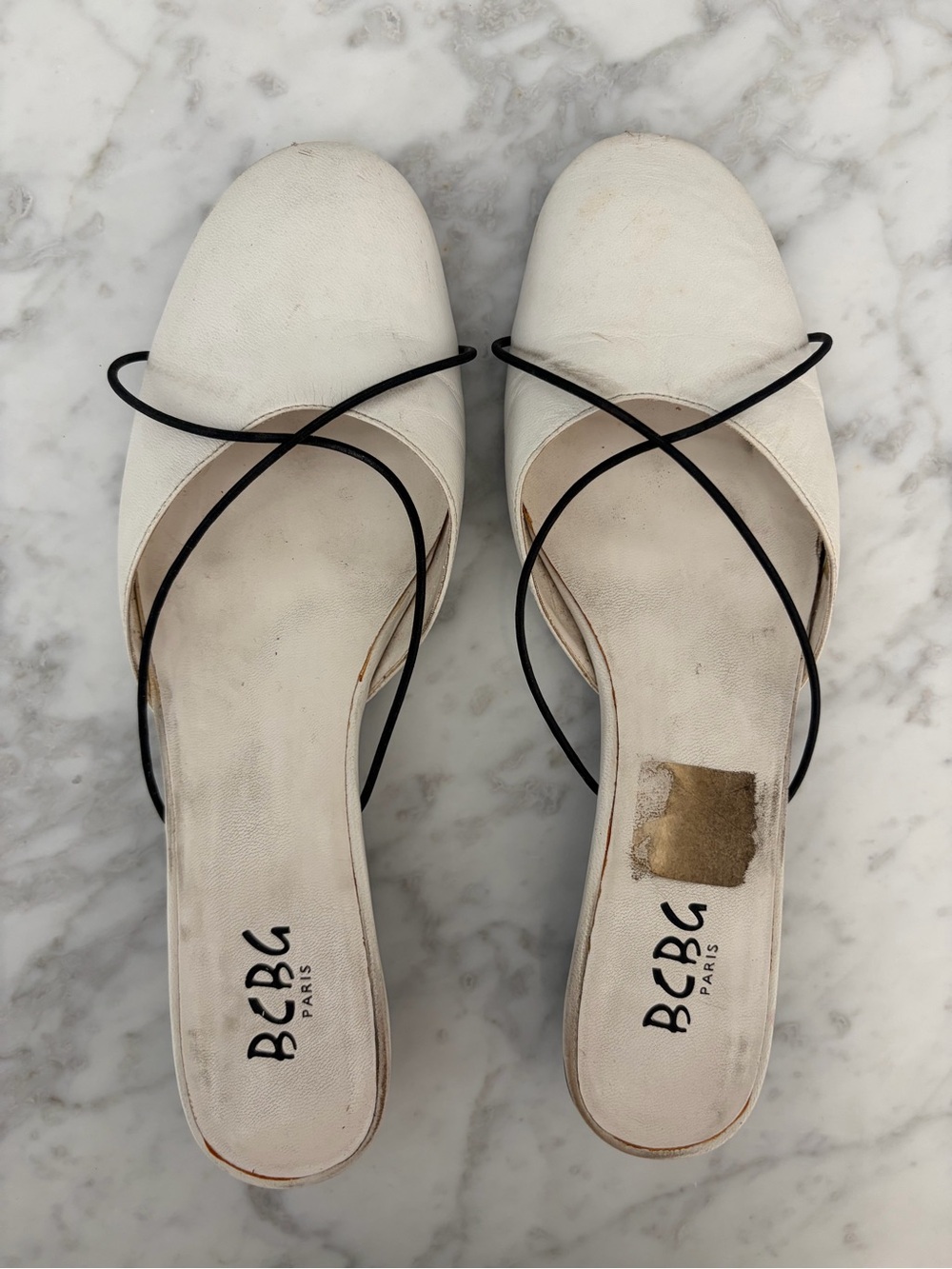BCBG White Slip-On Mules with Black Straps